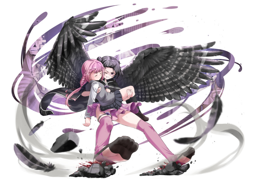 2girls bangs bird_wings black_cloak black_hair black_skirt black_wings brown_footwear capelet cardigan cardigan_vest cloak closed_eyes crying feathered_wings feathers feet foot_focus grey_cardigan grey_vest highres hood hooded_cloak kuroe_(madoka_magica) loafers long_sleeves magia_record:_mahou_shoujo_madoka_magica_gaiden magical_girl mahou_shoujo_madoka_magica miniskirt monznyan multiple_girls no_shoes pink_hair pleated_skirt school_uniform shirt shoes short_hair skirt soles soul_gem streaming_tears swept_bangs takarazaki_school_uniform tamaki_iroha tears thighhighs toes vest white_shirt wings