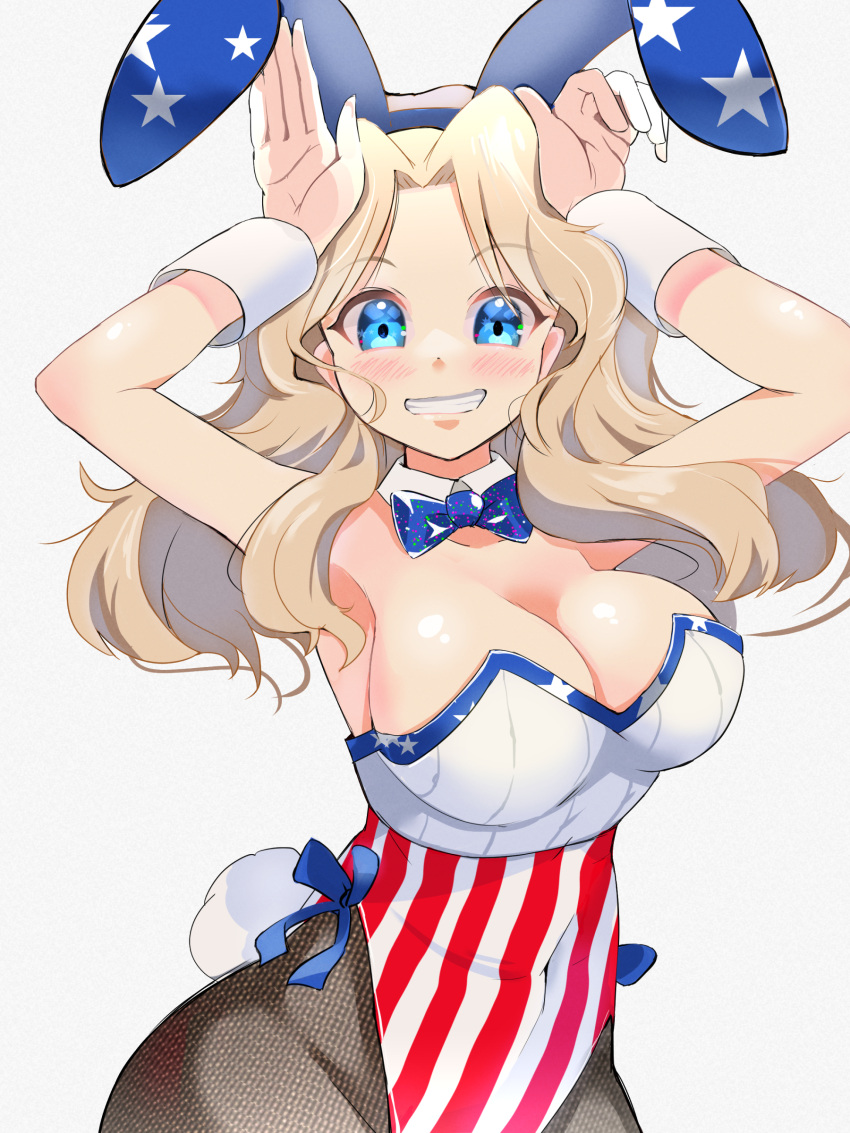 1girl absurdres alternate_costume american_flag american_flag_print animal_ears arms_up black_pantyhose blaze_(artist) blonde_hair blue_bow blue_bowtie blue_eyes blue_hairband bow bowtie breasts covered_navel detached_collar fake_animal_ears flag_print girls_und_panzer hair_intakes hairband highleg highleg_leotard highres kay_(girls_und_panzer) large_breasts leotard long_hair pantyhose playboy_bunny print_hairband print_leotard rabbit_ears solo star_(symbol) star_print strapless strapless_leotard wrist_cuffs