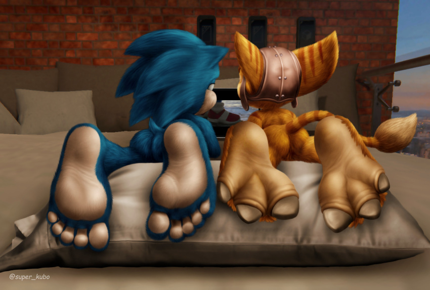 3_toes 5_toes anthro barefoot bed brick_wall butt clothing detailed_background digital_media_(artwork) duo eulipotyphlan featureless_crotch feet foot_fetish foot_focus fur furniture headgear headwear hedgehog hi_res humanoid_feet lombax lying male mammal nude on_bed on_front pillow ratchet ratchet_and_clank rear_view sega soles sonic_the_hedgehog sonic_the_hedgehog_(film) sonic_the_hedgehog_(series) sony_corporation sony_interactive_entertainment stripes super_kubo toes video_games wall_(structure) watching_movie watching_tv yellow_body