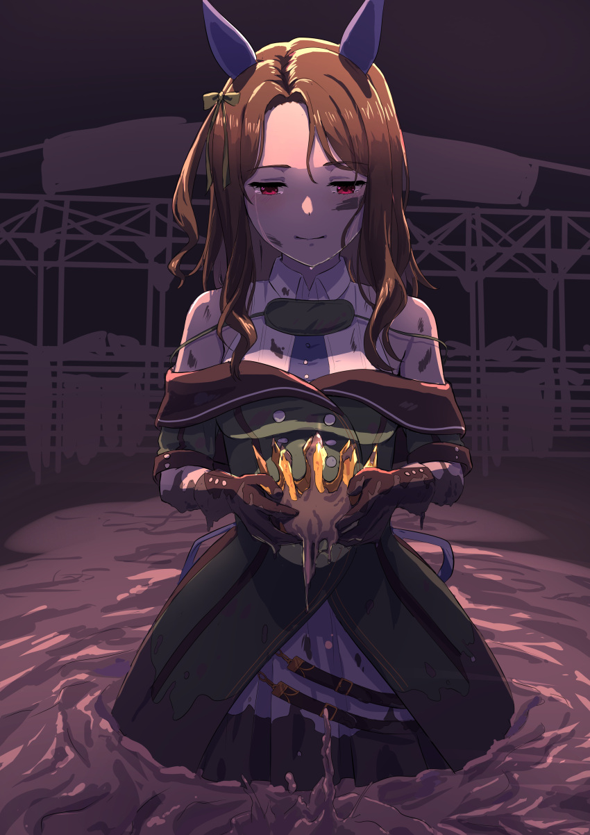 1girl absurdres animal_ears bangs bare_shoulders blush bow brown_gloves brown_hair coat collared_shirt crown crying dirty dirty_clothes dirty_face dirty_hands ear_covers esubui gloves green_coat highres holding holding_crown horse_ears king_halo_(umamusume) medium_hair mud off-shoulder_coat off_shoulder red_eyes shirt smile starting_gate streaming_tears tears umamusume