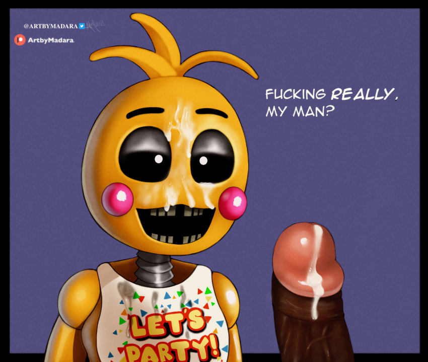 2021 alternate_version_at_source animatronic anthro artbymadara avian bib big_penis bird bodily_fluids chicken clothing cum cum_on_clothing cum_on_face cum_on_penis dark_body dark_skin darkened_genitalia darkened_penis dialogue duo female five_nights_at_freddy's five_nights_at_freddy's_2 galliform gallus_(genus) genital_fluids genitals human humor looking_at_viewer machine male male/female mammal metallic_body open_mouth penis phasianid robot rosy_cheeks scottgames simple_background smile teeth teeth_visible toy_chica_(fnaf) video_games white_eyes yellow_body yellow_skin