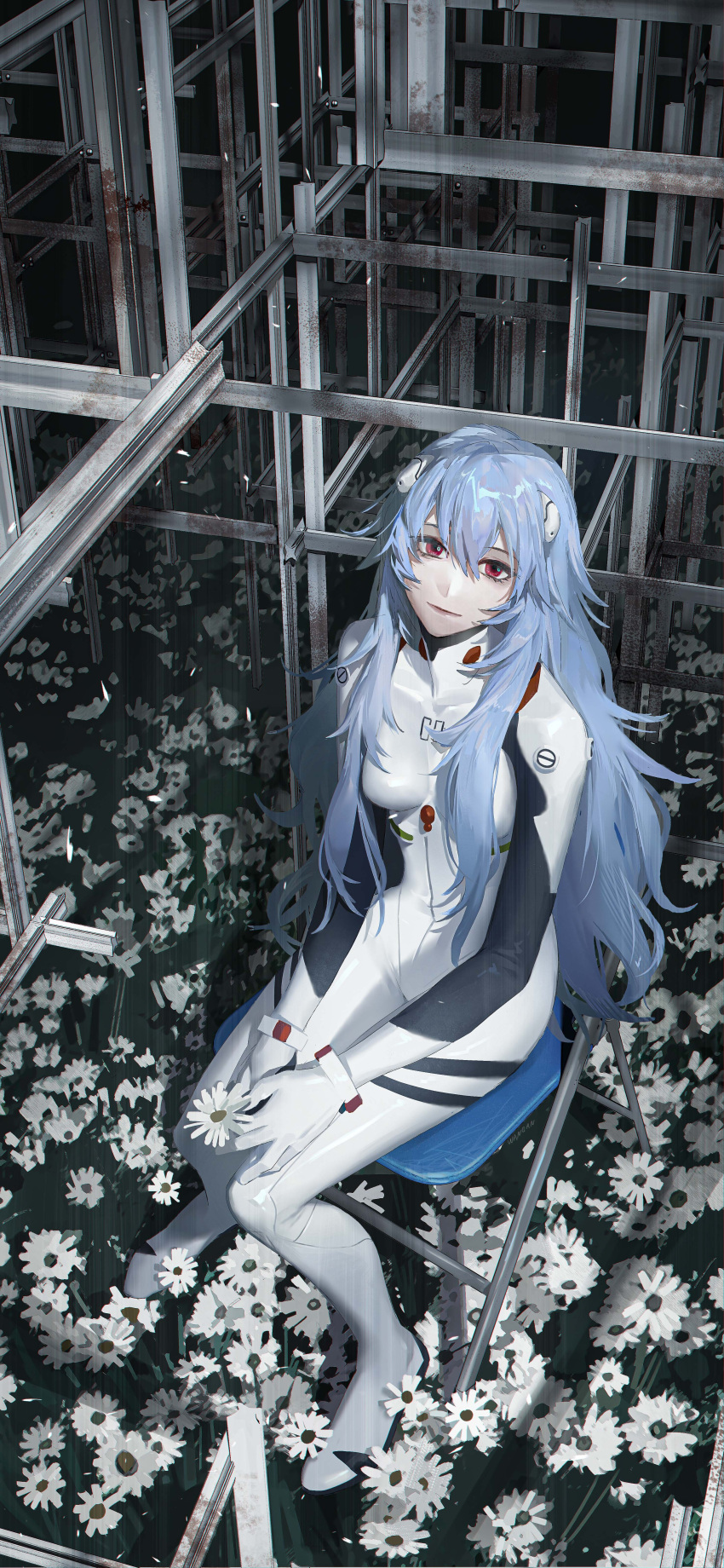 1girl absurdres ayanami_rei bags_under_eyes blue_hair bodysuit breasts chair clothes_writing evangelion:_1.0_you_are_(not)_alone field flower flower_field folding_chair from_above full_body hair_between_eyes highres holding holding_flower interface_headset long_hair looking_at_viewer looking_up neon_genesis_evangelion own_hands_together petals pilot_suit plugsuit pole rebuild_of_evangelion red_eyes rust sitting smile solo very_long_hair wangan white_bodysuit white_flower