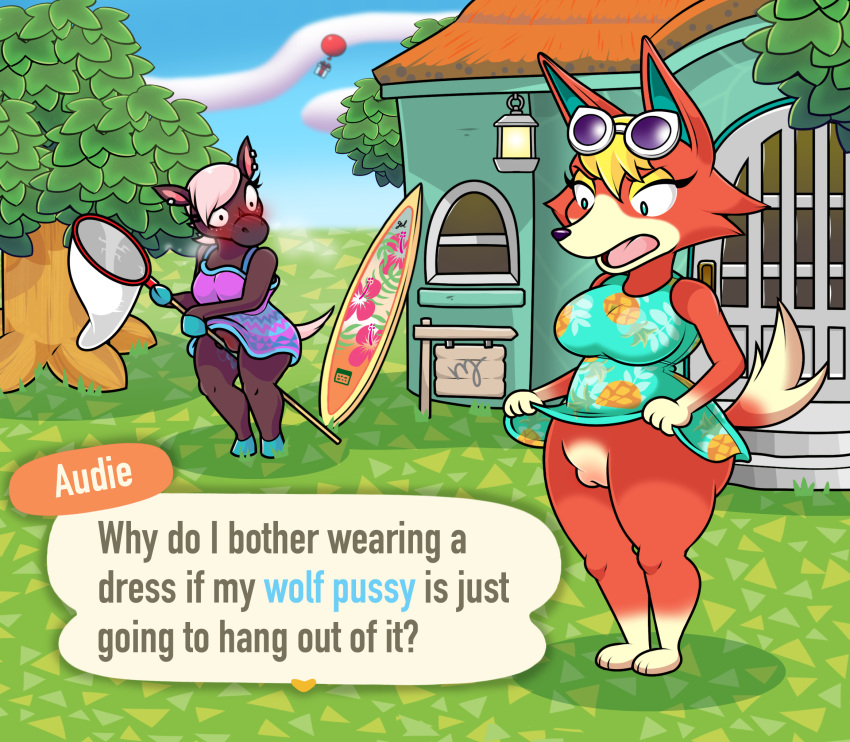 animal_crossing anthro audie_(animal_crossing) being_watched blush bottomless bottomwear bug_net building canid canine canis casual_nudity clothed clothing clothing_lift dress duo english_text equid equine eyewear eyewear_on_head female gift hi_res horse house looking_at_another mammal meme nintendo outside plant reneigh_(animal_crossing) skirt skirt_lift sunglasses sunglasses_on_head surfboard text tinydevilhorns tree video_games wolf