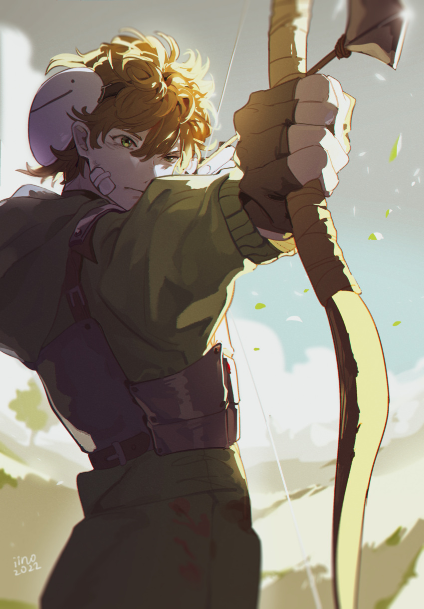 1boy absurdres arrow_(projectile) artist_name bandage_on_face bandages bangs black_gloves bow_(weapon) brown_hair chest_guard closed_mouth dated drawing_bow dream_(youtuber) falling_leaves fingerless_gloves glint gloves green_hoodie highres holding holding_bow_(weapon) holding_weapon hood hood_down hoodie iino_qwq leaf long_sleeves looking_afar male_focus mask mask_on_head outstretched_arm real_life short_hair sky solo uneven_eyes upper_body weapon wind