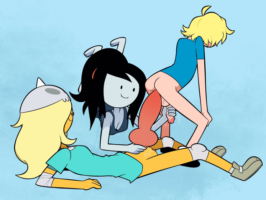 2020 adventure_time animal_genitalia animal_penis anthro balls big_penis black_hair blonde_hair blue_background breasts bronwyn butt canid canine canine_penis cartoon_network cleavage clothed clothing erection faceless_character faceless_male finn_the_human footwear genitals group group_sex hair handjob herm herm/male hi_res human human_on_anthro humanoid_genitalia humanoid_penis intersex intersex/male interspecies joshin long_hair lying male mammal marceline_abadeer on_back penile penis sex shoes side_view simple_background smile threesome vampire