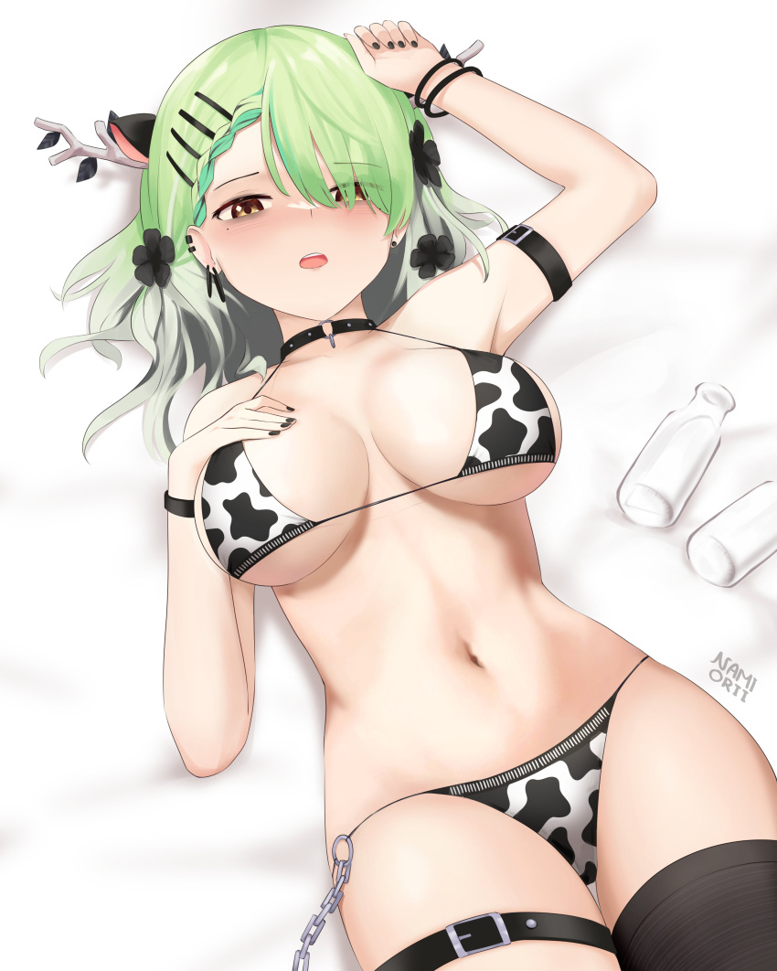 1girl :o absurdres alternate_costume animal_ears animal_print antlers arm_strap bikini black_choker black_nails black_thighhighs bottle branch breasts ceres_fauna chain choker cow_ears cow_print ear_piercing earrings green_hair grey_hair highres hololive hololive_english jewelry large_breasts leaf looking_at_viewer lying milk_bottle multicolored_hair namiorii navel on_back piercing single_thighhigh skindentation solo stomach swimsuit thigh_strap thighhighs two-tone_hair virtual_youtuber yellow_eyes