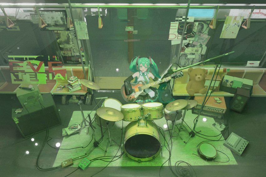1girl :d absurdly_long_hair absurdres bangs bare_shoulders black_skirt book book_stack cable cassette_tape collared_shirt cymbals detached_sleeves drum drum_set electric_guitar from_above green_eyes green_hair green_necktie green_theme guitar hand_grip hatsune_miku headset highres instrument light_particles long_hair looking_at_viewer microphone microphone_stand miniskirt monitor music muzimu necktie open_mouth playing_instrument pleated_skirt poster_(object) seat shirt singing skirt smile solo speaker standing stuffed_animal stuffed_toy teddy_bear train_interior twintails untucked_shirt very_long_hair vocaloid wide_shot window