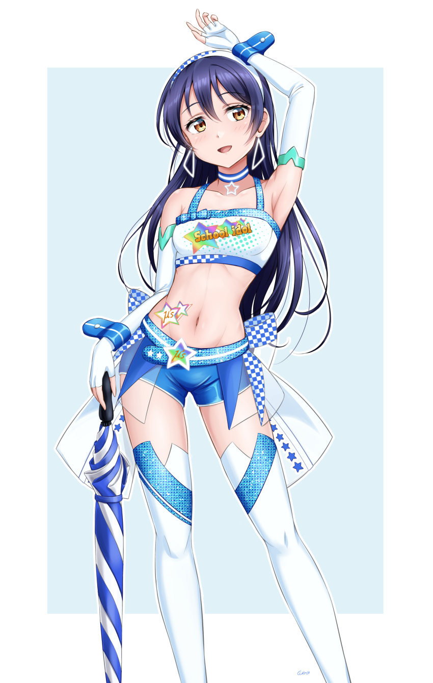 1girl :d absurdres arm_up armpits bangs bare_shoulders blue_choker blue_hair blue_shorts blush breasts choker ckst contrapposto crop_top earrings elbow_gloves feet_out_of_frame fingerless_gloves gloves groin hairband highres jewelry long_hair long_legs looking_at_viewer love_live! love_live!_school_idol_festival love_live!_school_idol_festival_after_school_activity love_live!_school_idol_project midriff navel open_mouth pendant race_queen short_shorts shorts small_breasts smile solo sonoda_umi swept_bangs tank_top thighhighs triangle_earrings umbrella white_gloves white_hairband white_tank_top white_thighhighs wrist_cuffs yellow_eyes