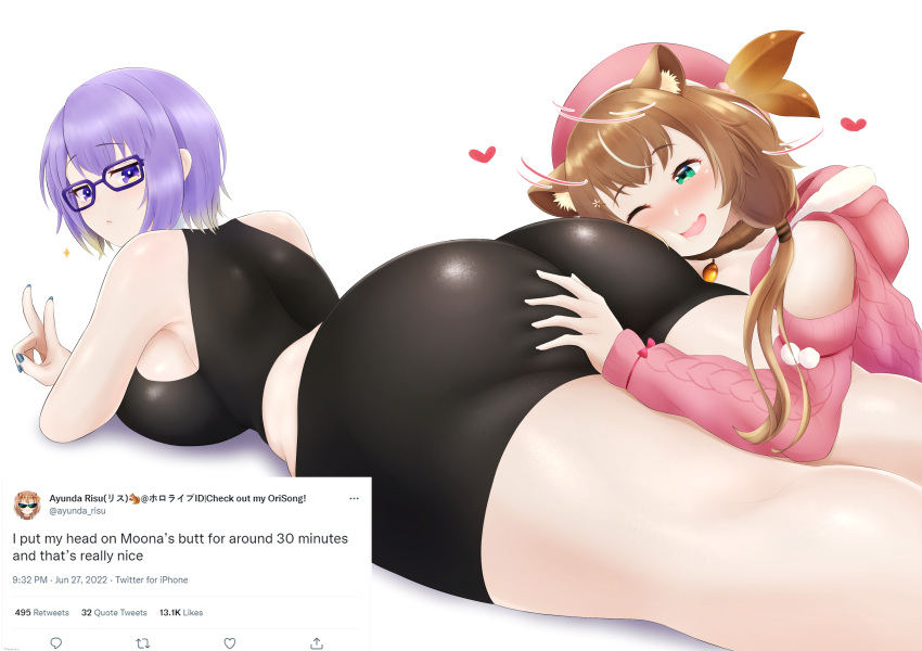 2girls :&lt; absurdres animal_ears ass ass_grab ass_worship ayunda_risu bare_arms beret bike_shorts blue_nails blush breasts brown_hair elbow_rest english_text glasses gradient_hair green_eyes hat head_on_ass heart highres hololive hololive_indonesia hood hoodie large_breasts long_hair looking_back lying mee_don moona_hoshinova multicolored_eyes multicolored_hair multiple_girls on_stomach one_eye_closed open_mouth purple_eyes purple_hair short_hair sideboob simple_background smile sparkle sports_bra squirrel_ears squirrel_girl thick_thighs thighs tweet twitter v white_background yellow_eyes yuri