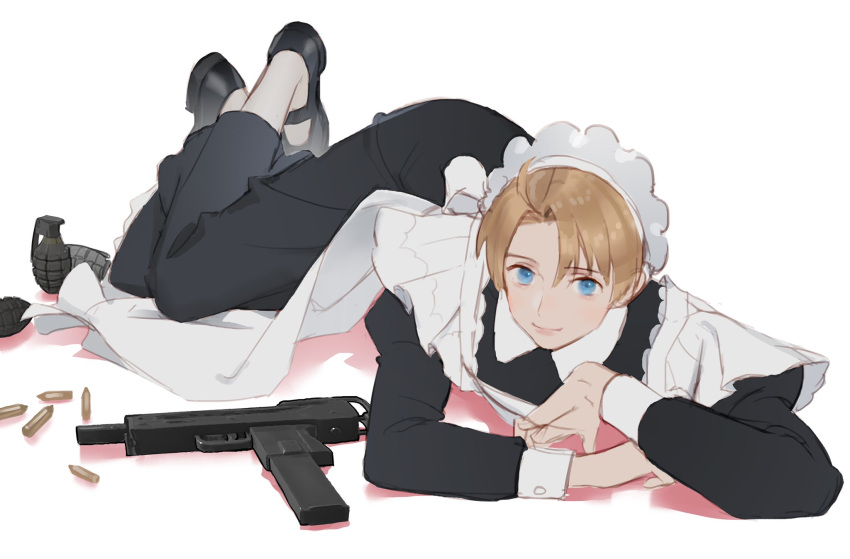 1boy ahoge alternate_costume america_(hetalia) apron axis_powers_hetalia black_dress blonde_hair blue_eyes bullet collared_dress crossdressing dress enmaided explosive eyewear_removed grenade gun highres holding holding_gun holding_weapon huacai juliet_sleeves long_sleeves looking_at_viewer lying mac-10 maid maid_apron maid_headdress male_focus mary_janes on_stomach puffy_sleeves shoes sleeve_cuffs submachine_gun weapon