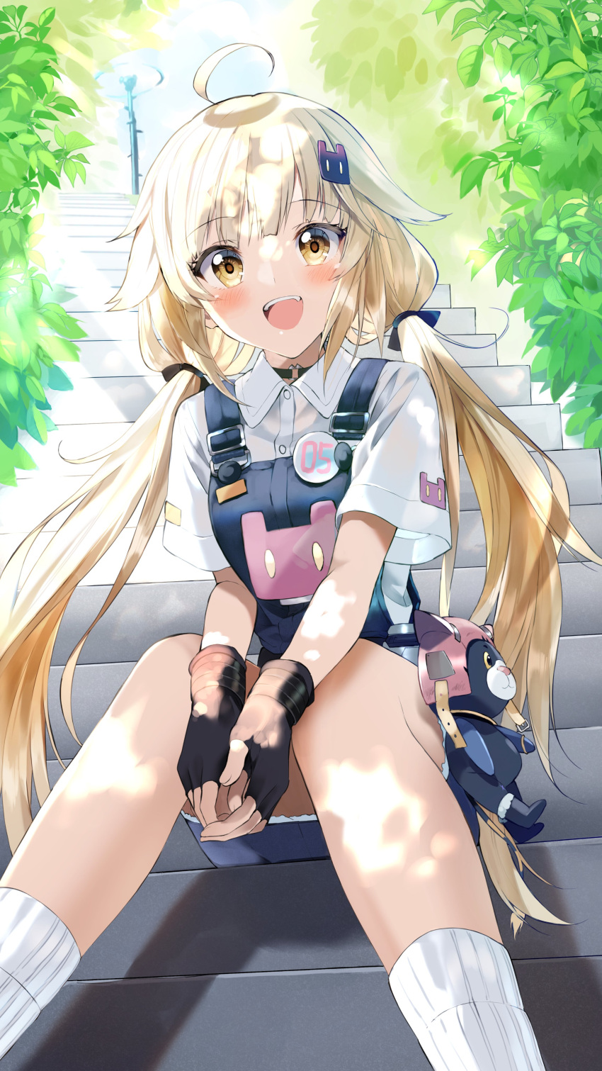 1girl :d absurdres ahoge black_gloves blonde_hair collared_shirt commentary_request day dress_shirt feet_out_of_frame fingerless_gloves gloves hair_ornament hairclip highres long_hair looking_at_viewer low_twintails lying on_stomach outdoors overall_skirt pentagon_(railgun_ky1206) ribbed_legwear shirli_(tower_of_fantasy) shirt short_sleeves sitting smile socks solo tower_of_fantasy twintails very_long_hair white_shirt white_socks yellow_eyes