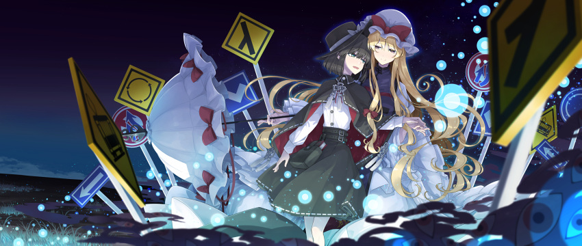 2girls alternate_eye_color bangs black_capelet black_hair black_skirt blonde_hair blunt_bangs blush bow capelet closed_mouth commentary_request green_eyes hat highres long_hair long_sleeves looking_at_another mob_cap multiple_girls open_mouth parasol red_bow ribbon-trimmed_capelet ribbon-trimmed_umbrella road_sign sakuraba_yuuki shiny shiny_hair shirt sidelocks sign sitting skirt smile stop_sign tabard touhou umbrella usami_renko white_headwear white_shirt yakumo_yukari yellow_eyes