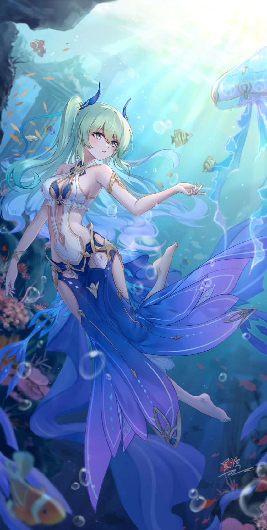 1girl absurdres bangs bare_shoulders barefoot breasts cleavage coral_reef fish full_body green_eyes green_hair highres honkai_(series) honkai_impact_3rd jellyfish mobius_(honkai_impact) navel one-piece_swimsuit open_mouth solo swimsuit toes twintails underwater water yelan_xing_xuan