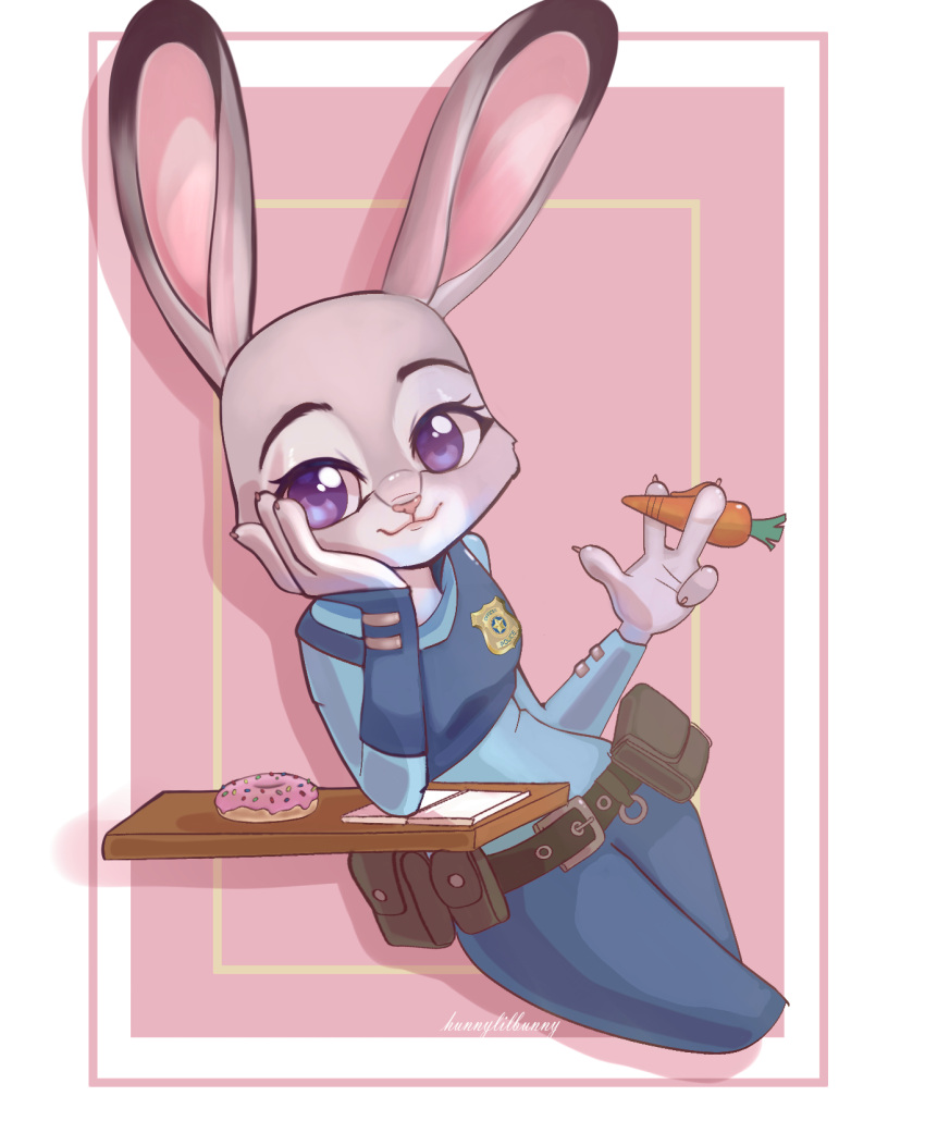 4_fingers anthro breasts claws clothed clothing dessert digital_media_(artwork) disney doughnut eyelashes female fingers food fur grey_body grey_fur hi_res holding_object holding_pen holding_writing_utensil hunnylilbunny judy_hopps lagomorph leporid looking_at_viewer mammal pen purple_eyes rabbit smile solo topwear writing_utensil zootopia