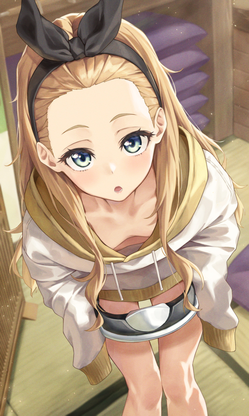 1girl absurdres banana_oekaki black_ribbon blonde_hair blue_eyes commentary cushion downblouse feet_out_of_frame forehead hair_ribbon hairband highres hood hoodie kurumi_(lycoris_recoil) long_hair looking_at_viewer lycoris_recoil ribbon solo tatami undressing white_hoodie yellow_hood zabuton