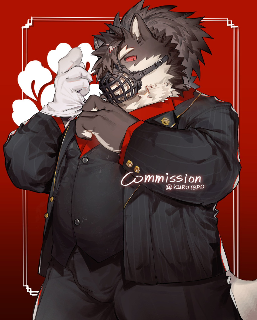 1boy adjusting_clothes adjusting_gloves animal_ears bara black_nails black_pants black_suit black_vest chest_tuft colored_sclera commission dog_boy dog_ears dog_tail english_text fingernails formal framed furry furry_male gloves hair_over_one_eye high_ponytail highres kurotero lapel_pin lapels male_focus muscular muscular_male muzzle notched_lapels pants plump red_background red_sclera sharp_fingernails shino_(housamo) solo suit tail thick_eyebrows tokyo_afterschool_summoners twitter_username vest white_gloves