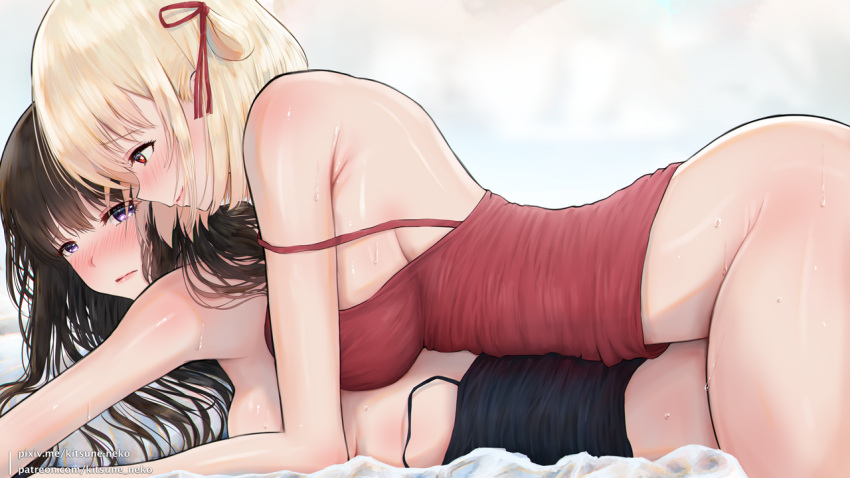 2girls bare_shoulders bed_sheet black_camisole black_hair blonde_hair blush bottomless breasts camisole closed_mouth hair_ribbon inoue_takina kitsune-neko large_breasts long_hair looking_at_another lycoris_recoil lying medium_breasts multiple_girls nishikigi_chisato on_person on_stomach parted_lips pillow purple_eyes red_camisole red_eyes red_ribbon ribbon smile spaghetti_strap strap_slip sweat thighs wet wet_hair yuri