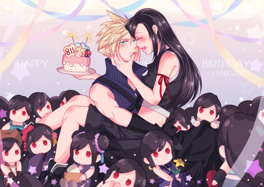 1boy 1girl apron arm_ribbon babigonice bare_shoulders black_hair black_shorts blonde_hair blue_eyes blush cake cloud_strife couple cowboy_hat crop_top dated doll earrings final_fantasy final_fantasy_vii final_fantasy_vii_advent_children final_fantasy_vii_remake flower food food_on_face gloves happy_birthday hat high_collar holding holding_plate hug jewelry long_hair open_mouth plate red_eyes ribbon shorts sitting sitting_on_lap sitting_on_person sleeveless spiked_hair starry_background tifa_lockhart tifa_lockhart's_exotic_dress tifa_lockhart's_refined_dress tifa_lockhart's_sporty_dress waist_apron