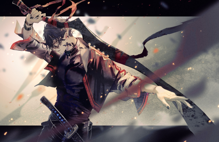 1boy absurdres arknights arm_up bangs black_hair black_nails black_pants black_shirt demon_boy ear_piercing flamebringer_(arknights) hair_between_eyes highres holding holding_weapon horns infection_monitor_(arknights) jacket katana male_focus open_clothes open_jacket orange_eyes oripathy_lesion_(arknights) pants parted_lips piercing pointy_ears profile sheath sheathed shirt simple_background single_horn solo sword toned toned_male ukai_saki weapon