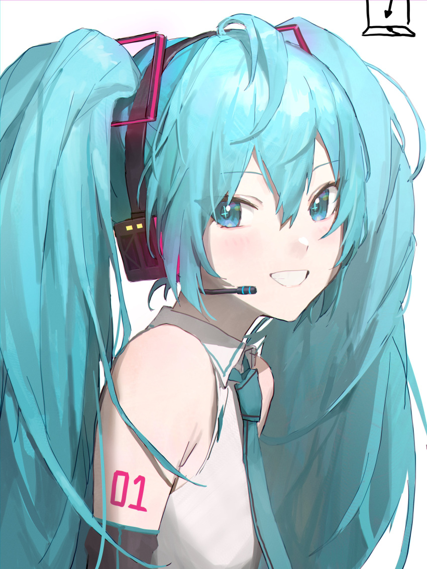 1girl absurdres aqua_eyes aqua_hair aqua_necktie arrow_(symbol) bangs blush detached_sleeves hair_between_eyes hatsune_miku hatsune_miku_(vocaloid3) headphones headset highres logknn long_hair looking_at_viewer necktie shirt simple_background sleeveless sleeveless_shirt solo upper_body very_long_hair vocaloid white_background white_shirt