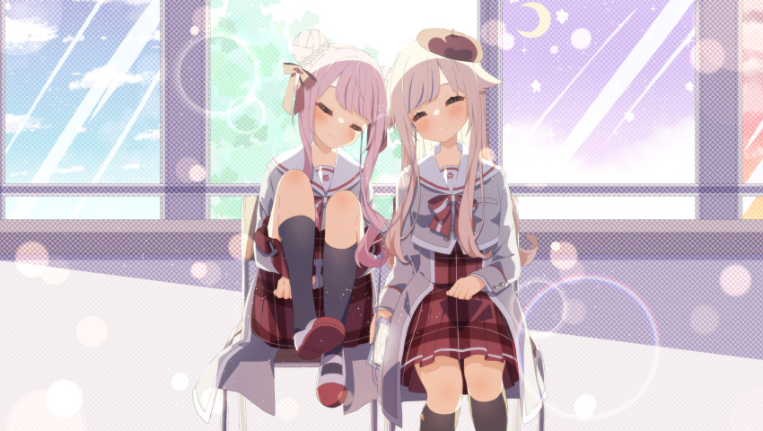 2girls alternate_costume bangs beret black_socks blonde_hair blue_hair blush bow bowtie braid braided_bun breasts cellphone chair classroom closed_eyes closed_mouth commentary_request day double_bun earbuds earphones facing_viewer hair_bun hair_flaps hair_ribbon hat head_tilt heads_together highres himehina_channel holding holding_phone indoors kneehighs knees_up kotori_inaka lens_flare light_particles listening_to_music long_hair long_sleeves mary_janes multicolored_hair multiple_girls parted_lips phone pink_hair plaid plaid_skirt pleated_skirt red_bow red_headwear red_ribbon red_skirt ribbon sailor_collar school_uniform shoes sidelocks sitting skirt sky smartphone smile socks streaked_hair suzuki_hina tanaka_hime teeth two-tone_bowtie two-tone_hair virtual_youtuber white_bow window
