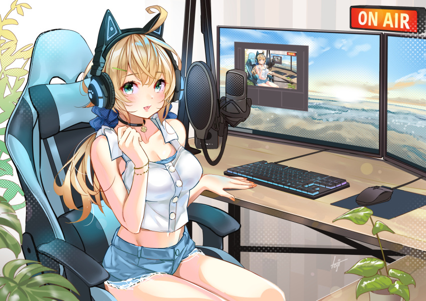 1girl :d ahoge aqua_eyes black_choker blonde_hair breasts chair choker collarbone commentary_request commission computer crop_top denim denim_shorts desk fingernails gaming_chair headphones highres indoors koji_(kojikojimdw) long_hair medium_breasts microphone midriff monitor mouse_(computer) mousepad_(object) multiple_monitors navel orange_nails original pixiv_request plant potted_plant recursion shirt short_shorts shorts signature sitting sleeveless sleeveless_shirt smile