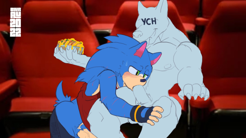 anthro balls blurau bodily_fluids bottomwear bottomwear_down clothed clothing duo genitals hi_res male male/male movie_theater muscular muscular_male nipples nude oral pants pants_down partially_clothed penis pubes sega sonic_the_hedgehog sonic_the_hedgehog_(series) sweat ych_(character)