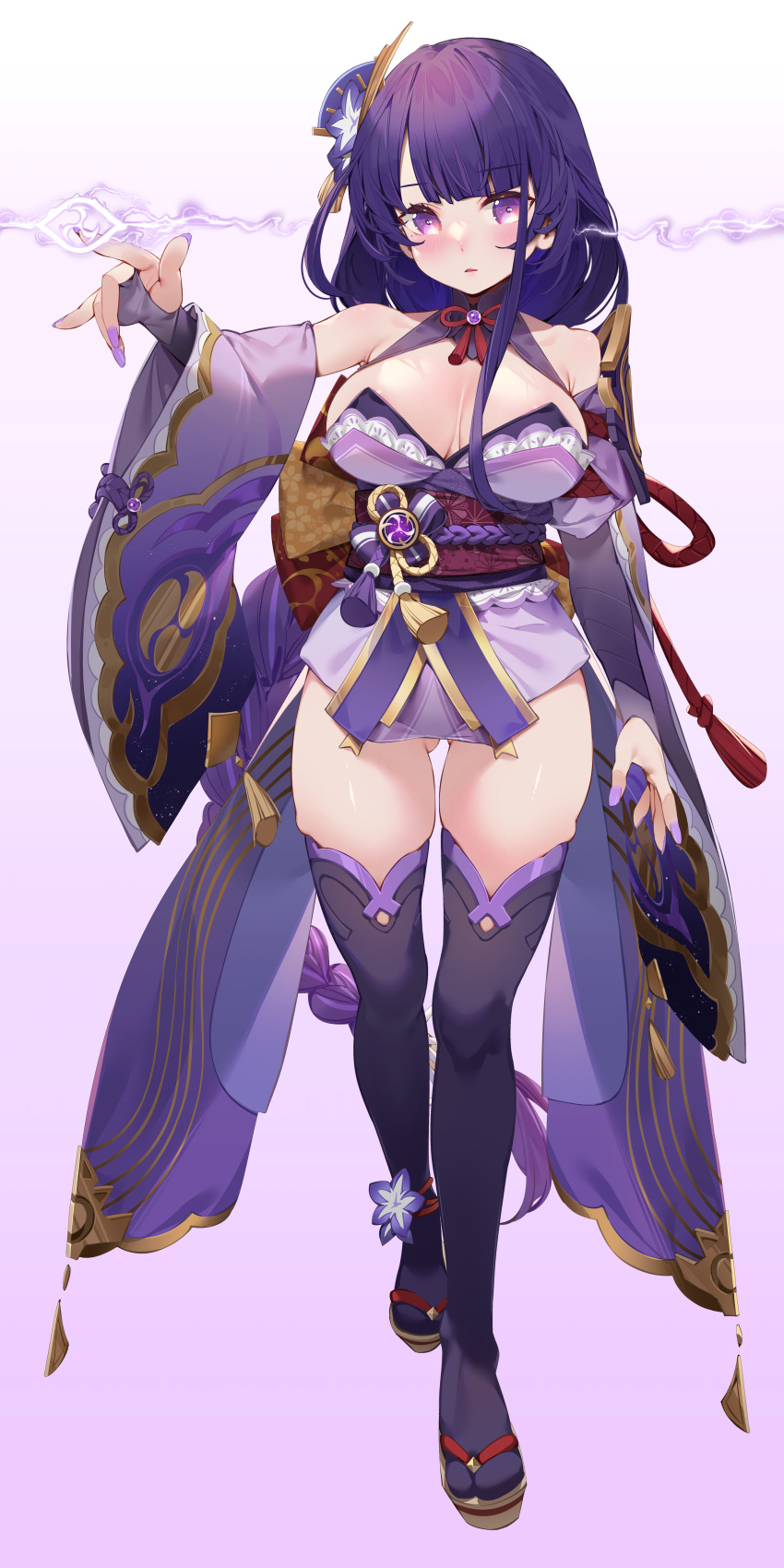 1girl absurdres ass_visible_through_thighs bare_shoulders black_thighhighs breasts cleavage commentary_request detached_sleeves full_body genshin_impact gradient gradient_background highres incredibly_absurdres large_breasts looking_at_viewer purple_background purple_eyes purple_hair purple_sleeves raiden_shogun solo tabi thick_thighs thighhighs thighs waterring wide_sleeves