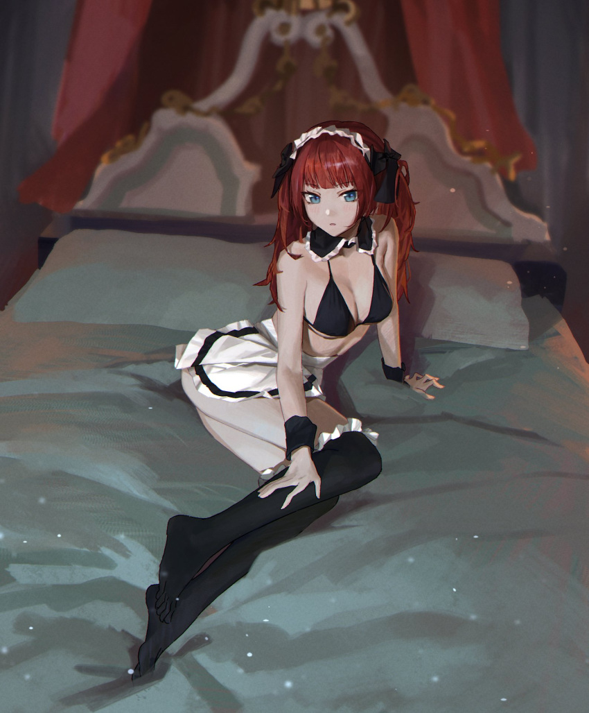 1girl apron bangs bed bikini black_bikini black_ribbon black_thighhighs blue_eyes blunt_bangs blush breasts cleavage closed_mouth frilled_thighhighs frills full_body hair_ribbon highres large_breasts logknn long_hair looking_at_viewer maid_headdress on_bed original red_hair ribbon sitting solo swimsuit thighhighs twintails waist_apron white_apron wrist_cuffs