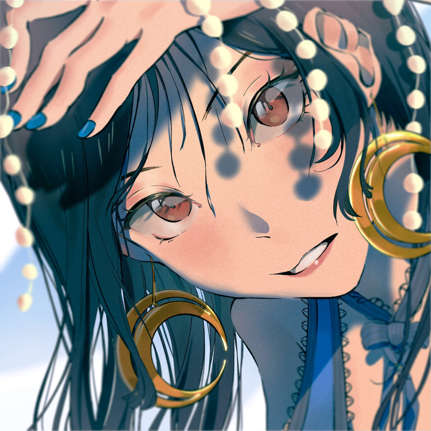 1girl bare_shoulders black_hair blue_dress blue_nails blurry blurry_foreground close-up crescent crescent_earrings crescent_moon dress earrings etaa89 final_fantasy final_fantasy_vii final_fantasy_vii_remake hand_up highres jewelry long_hair moon neck_ribbon official_alternate_costume red_eyes ribbon sleeveless sleeveless_dress solo tifa_lockhart tifa_lockhart's_refined_dress upper_body