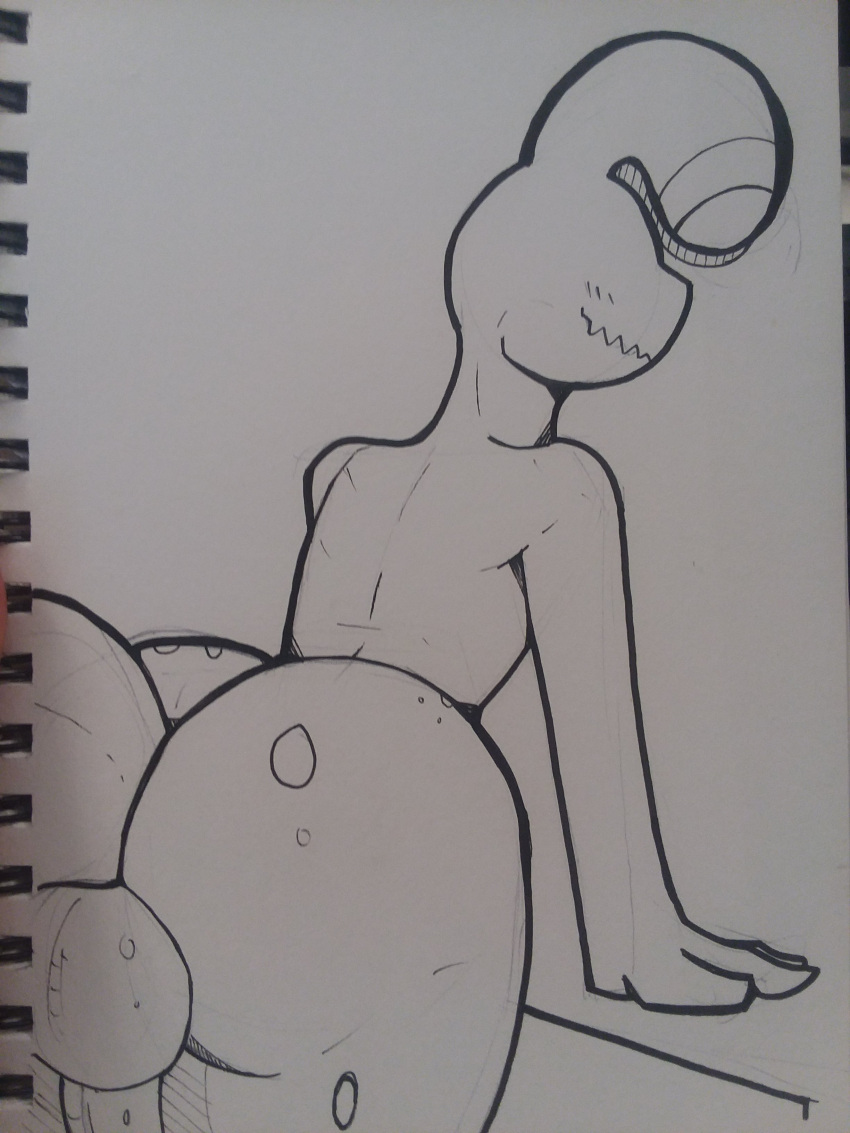 absurd_res anthro aquatic_gastropod balls big_butt blush blush_lines butt eyeless gastropod genitals graphite_(artwork) hi_res leaning leaning_forward male marine marker_(artwork) mollusk monochrome mrdoccon nervous pencil_(artwork) penis sea_slug slug solo thick_tail thick_thighs timid traditional_media_(artwork) tyler_(the_sea_slug)