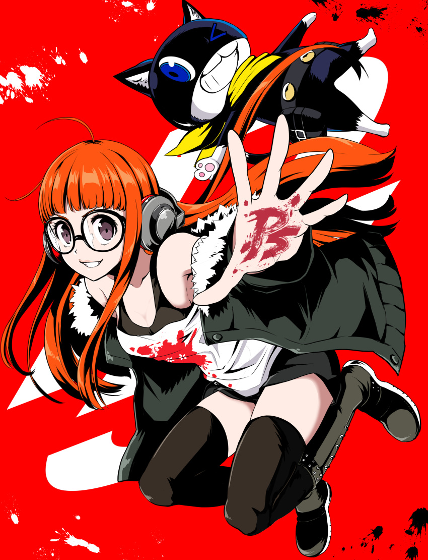 1girl absurdres bangs belt belt_pouch black_shorts black_tank_top black_thighhighs blue_eyes blunt_bangs breasts cat cleavage floating_hair full_body fur-trimmed_jacket fur_trim grin headphones highres ito_(daisukidanchi) jacket logo long_hair looking_at_viewer morgana_(persona_5) off-shoulder_shirt off_shoulder one_eye_closed open_hand orange_hair outstretched_arm paint_splatter persona persona_5 pouch print_shirt purple_eyes red_background sakura_futaba scarf shirt short_shorts shorts small_breasts smile splatter_background tank_top thighhighs white_shirt yellow_scarf