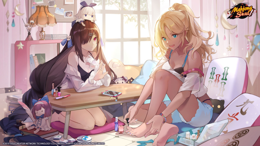 2girls absurdres artist_request barefoot black_tank_top blonde_hair blue_eyes book box bracelet brown_hair bulletin_board cellphone charm_(object) commentary copyright_name cushion dark-skinned_female dark_skin english_commentary fujimoto_kirara ganguro gyaru hair_over_one_eye high_ponytail highres indoors jewelry lamp logo mahjong mahjong_soul mahjong_tile morikawa_ayako multiple_bracelets multiple_girls nail_polish off_shoulder official_art official_wallpaper painting_nails pale_skin phone photo_(object) pillow red_eyes seiza shirt short_shorts shorts sitting smartphone stuffed_toy table tank_top tenbou white_shirt window zabuton