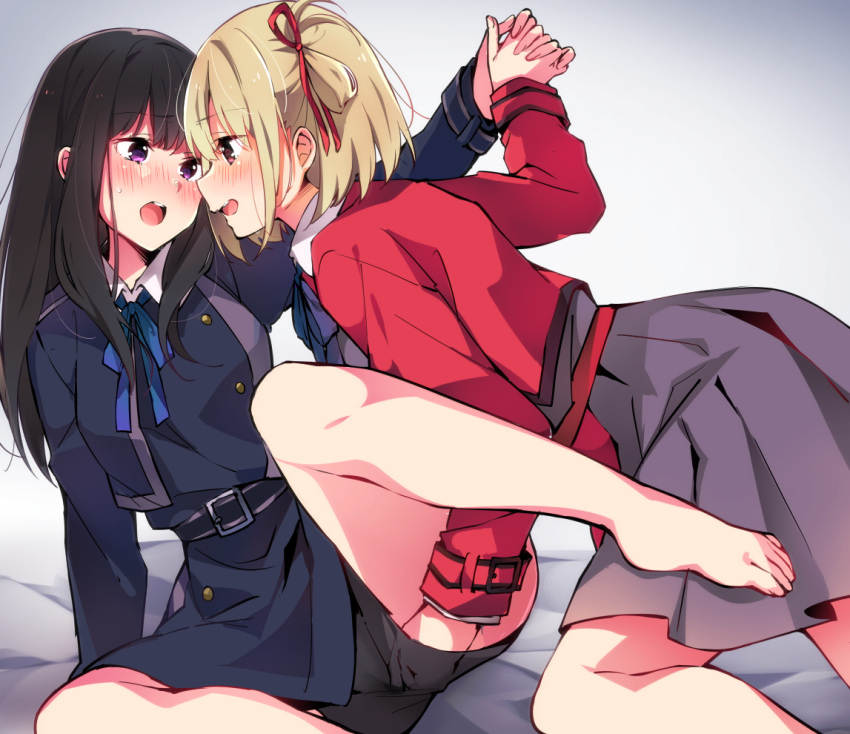 2girls belt black_hair black_panties blonde_hair blue_dress blue_ribbon blush bob_cut brown_eyes collared_shirt commentary dress fingering fingering_through_clothes fingering_through_panties grey_dress hair_ribbon inoue_takina long_hair looking_at_another lycoris_recoil lycoris_uniform multiple_girls neck_ribbon nishikigi_chisato open_mouth panties purple_eyes red_belt red_dress red_ribbon ribbon shirt short_hair sk02 through_clothes two-tone_dress underwear white_shirt yuri