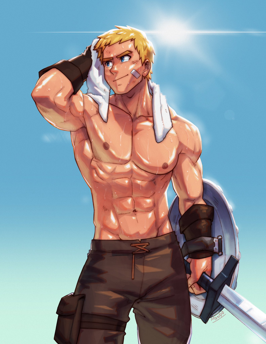 1boy abs armpits artist_name bandaid bandaid_on_face bara biceps blonde_hair bruise bruise_on_face dirty dirty_face gauntlets highres injury large_pectorals leather leather_pants looking_to_the_side male_focus manly mature_male mondoart1 muscular muscular_male nipples original pants pectorals shield short_hair signature sky smile solo sun sunlight sweat sweatdrop sword topless_male towel towel_around_neck weapon