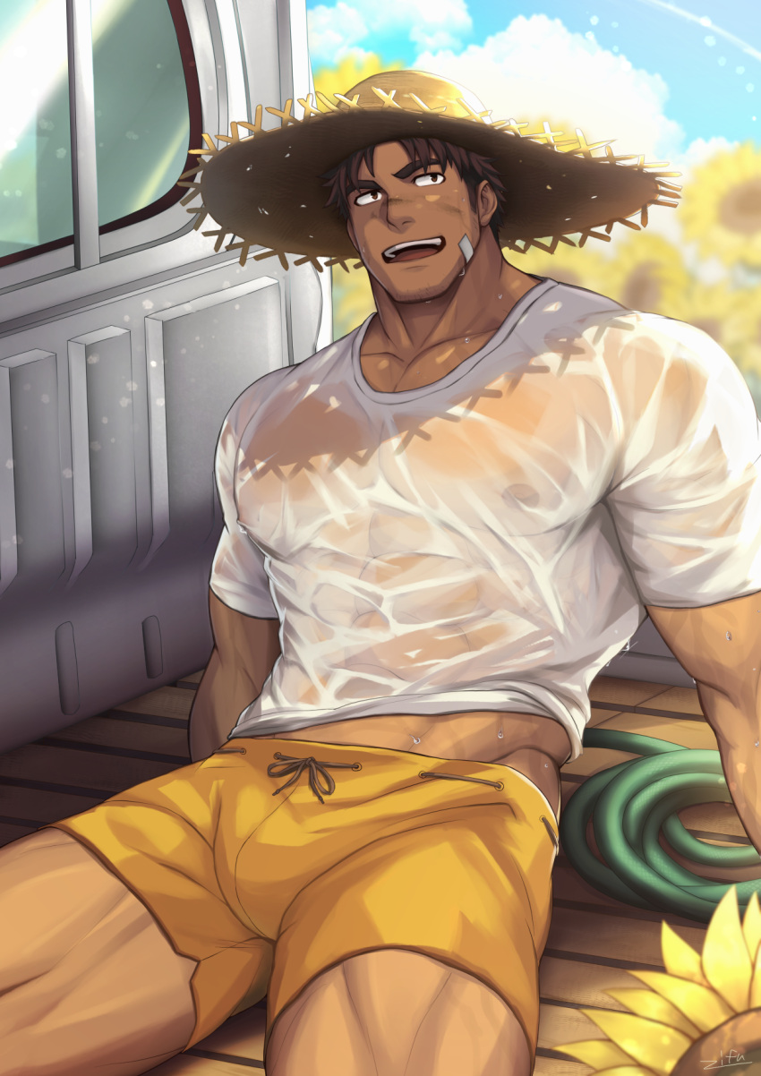 1boy abs bandaid bandaid_on_face bara biceps brown_eyes brown_hair cloud cloudy_sky commentary day flower ground_vehicle hat highres looking_to_the_side male_focus manly mature_male motor_vehicle muscular muscular_male navel nipples open_mouth original outdoors pectorals pickup_truck see-through see-through_shirt shirt short_hair shorts sky smile solo spiked_hair straw_hat sunflower symbol-only_commentary t-shirt teeth thick_thighs thighs tight tongue truck wet wet_clothes zifu