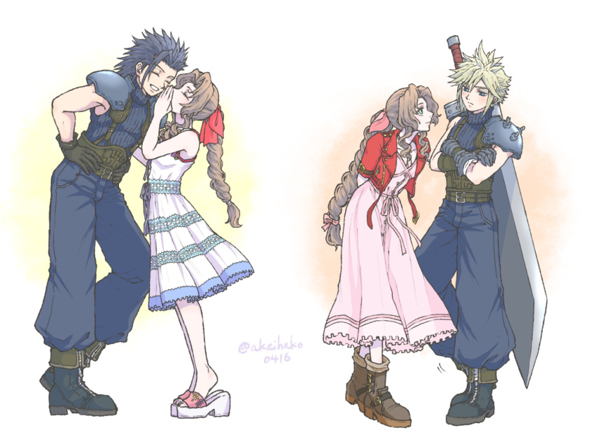 1girl 2boys aerith_gainsborough age_progression armor arms_behind_back baggy_pants bangs belt black_hair blonde_hair blue_eyes blue_pants blue_shirt blush boots braid braided_ponytail breasts brown_footwear brown_gloves brown_hair buster_sword closed_eyes cloud_strife couple crisis_core_final_fantasy_vii cropped_jacket crossed_arms dress final_fantasy final_fantasy_vii final_fantasy_vii_remake full_body gloves green_eyes grin hair_between_eyes hair_ribbon hair_slicked_back hand_on_hip jacket leaning_forward long_dress long_hair medium_breasts medium_hair multiple_belts multiple_boys multiple_views official_alternate_costume pants parted_bangs pink_dress pink_ribbon red_jacket red_ribbon ribbon sandals shirt short_hair short_sleeves shoulder_armor sidelocks sleeveless sleeveless_turtleneck smile spiked_hair standing sundress teenage teeth tiptoes turtleneck twitter_username wavy_hair weapon weapon_on_back wedge_heels whispering white_dress you_(blacknwhite) zack_fair