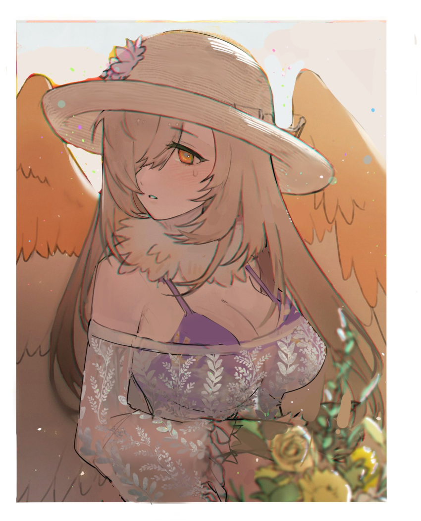1girl bikini bikini_top_only blonde_hair border breasts brown_hair chromatic_aberration feathered_wings feathers flower gradient_hair hair_over_one_eye harpy hat highres long_hair medium_breasts monster_girl multicolored_hair neck_ruff off-shoulder_shirt off_shoulder open_mouth purple_bikini qun_aether shirt simple_background solo sweatdrop swimsuit tokyo_afterschool_summoners translucent upper_body white_border wings yellow_background yellow_eyes ziz_(housamo)