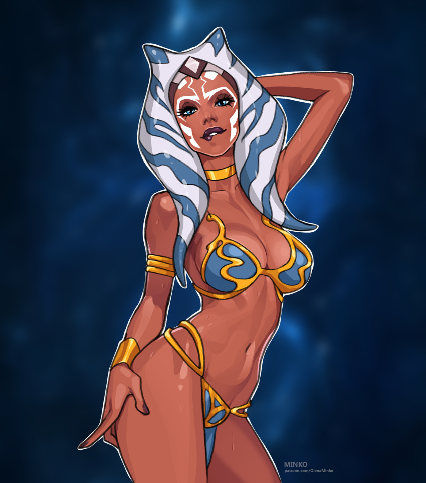 2022 ahsoka_tano alien alien_humanoid armlet bite biting_lip blue_eyes bodily_fluids bottomwear breasts choker clothing costume eyelashes female hand_behind_head hand_on_hip hi_res humanoid jewelry lekku_(anatomy) loincloth looking_at_viewer navel necklace not_furry olenaminko slave_leia_costume solo star_wars star_wars_rebels sweat togruta