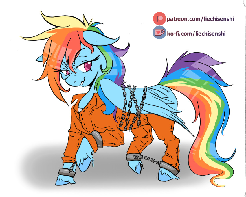 chain cuff_(restraint) equid equine friendship_is_magic handcuffs hasbro hi_res horse mammal metal_cuffs my_little_pony orange_jumpsuit pegasus pony prison_jumpsuit rainbow_dash_(mlp) restraints shackles wings