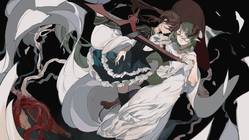 2girls absurdres black_background black_thighhighs brown_footwear brown_hair chocolate_(jitong) dress eye_contact frilled_skirt frills green_eyes green_hair hat highres horns intestines long_hair looking_at_another multiple_girls original parted_lips pointy_ears skirt sun_hat thighhighs white_dress witch_hat