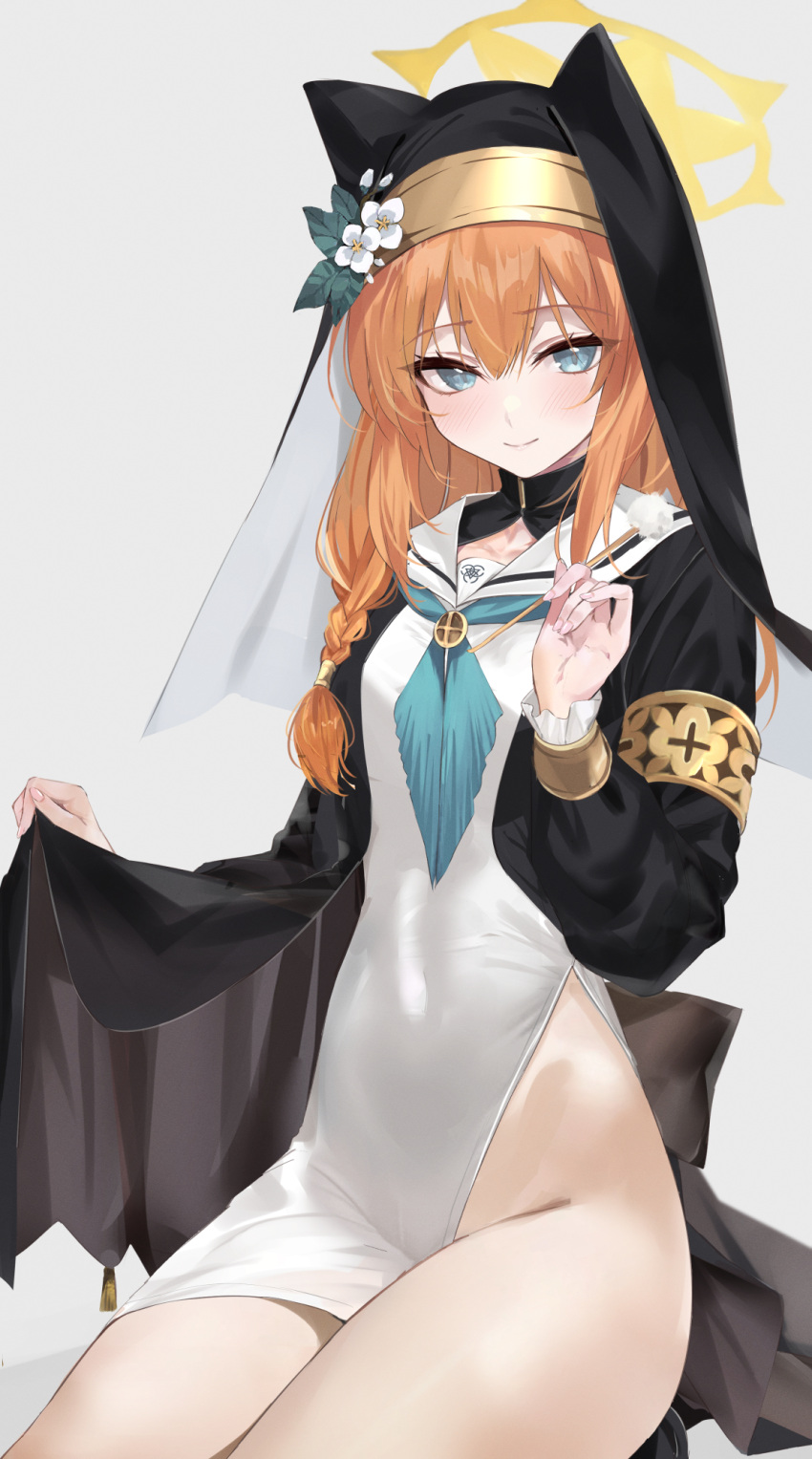 1girl animal_ear_headwear armband black_coat blue_archive blue_eyes blue_neckerchief blush closed_mouth coat coat_hold covered_navel dress groin habit halo hand_up highres holding long_sleeves mari_(blue_archive) mexif mimikaki neckerchief no_panties open_clothes open_coat orange_hair pelvic_curtain sailor_collar seiza simple_background sitting solo thighs vambraces white_background white_dress white_sailor_collar