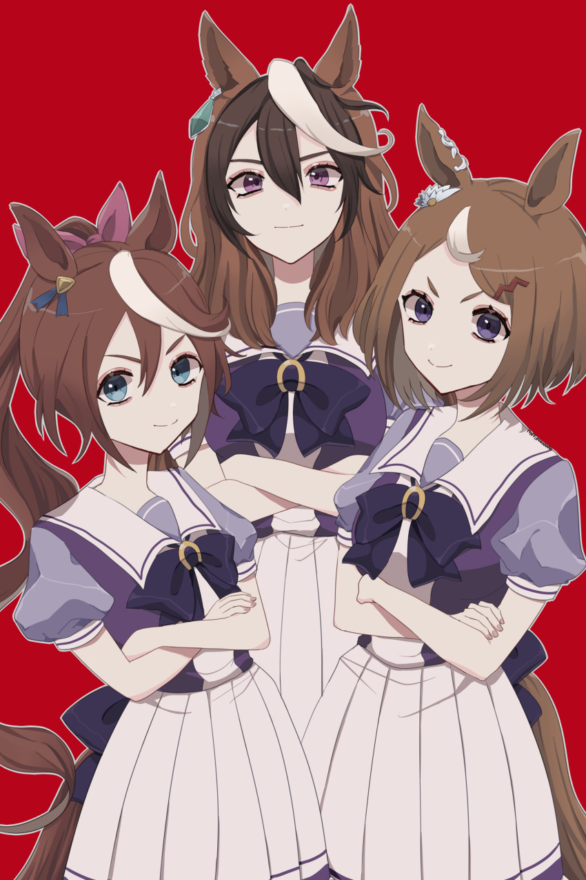 3girls absurdres animal_ears bangs blue_eyes bow bowtie brown_hair commentary_request crossed_arms ear_ornament ear_piercing earrings hair_between_eyes hair_bow high_ponytail highres hinata_(hnt_reexxxxx) horse_ears horse_girl horse_tail horseshoe_ornament jewelry long_hair looking_at_viewer multicolored_hair multiple_girls piercing pink_bow pleated_skirt puffy_short_sleeves puffy_sleeves purple_bow purple_bowtie purple_eyes purple_shirt red_background sailor_collar sailor_shirt school_uniform shirt short_eyebrows short_hair short_sleeves simple_background single_earring skirt summer_uniform symboli_rudolf_(umamusume) tail thick_eyebrows tokai_teio_(umamusume) tracen_school_uniform tsurumaru_tsuyoshi_(umamusume) two-tone_hair umamusume v-shaped_eyebrows very_long_hair white_hair white_sailor_collar white_skirt