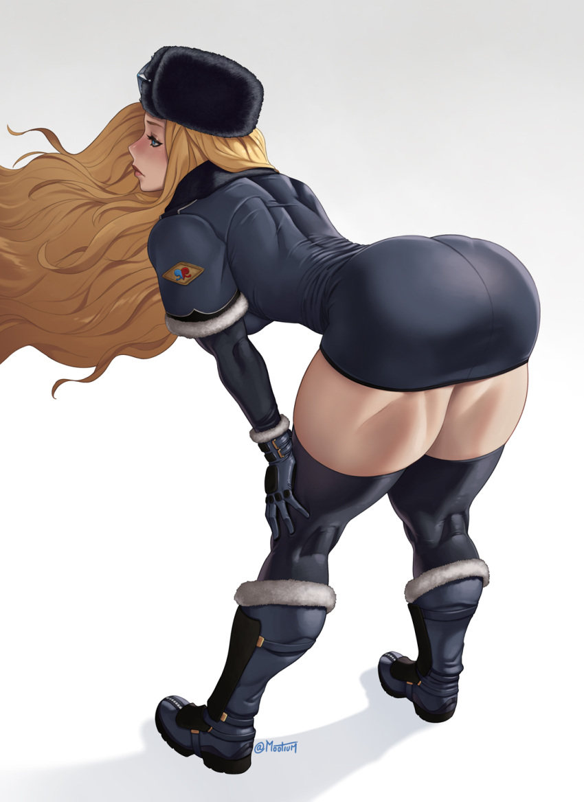 1girl ass bent_over black_dress black_gloves black_headwear black_thighhighs blonde_hair blue_eyes breasts commission dress english_commentary from_behind full_body fur_hat fur_trim gloves hand_on_own_knee hat highres kneehighs kneepits kolin lips long_hair mootium narrow_waist nose russian_clothes short_dress socks solo street_fighter street_fighter_v taut_clothes thick_thighs thighhighs thighs ushanka wind wind_lift