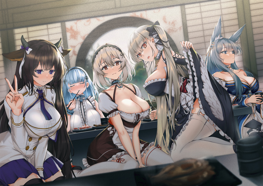 5girls anchor_choker animal_ear_fluff animal_ears apron azur_lane black_dress blue_kimono breasts buttons choker chopsticks cleavage clothes_lift clothing_cutout cow_ears cow_girl cow_horns cup dido_(azur_lane) double-breasted dress eating formidable_(azur_lane) fox_ears fox_girl frilled_choker frilled_dress frills garter_straps gothic_lolita grey_hair headband highres holding holding_chopsticks holding_cup horns japanese_clothes kashino_(azur_lane) kimono kitsune kneeling kyuubi lace-trimmed_hairband lace_trim large_breasts lifted_by_self lolita_fashion long_hair maid maid_headdress military military_uniform multiple_girls multiple_tails persocon93 purple_eyes purple_headband red_eyes ribbon shinano_(azur_lane) short_hair sirius_(azur_lane) sitting skirt skirt_lift tail twintails underboob_cutout uniform very_long_hair waist_apron wariza white_dress white_hair