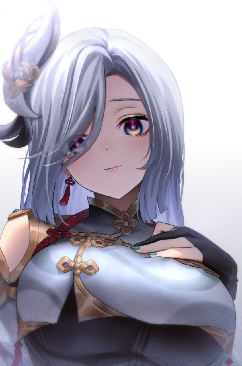 1girl aqua_nails bare_shoulders black_gloves blue_eyes breast_curtains breasts closed_mouth clothing_cutout earrings eyes_visible_through_hair fingernails genshin_impact gloves grey_hair hair_ornament hair_over_one_eye hand_on_own_chest highres jewelry large_breasts long_fingernails long_hair looking_at_viewer nail_polish neit_ni_sei partially_fingerless_gloves shenhe_(genshin_impact) shoulder_cutout simple_background smile solo tassel tassel_earrings upper_body white_background