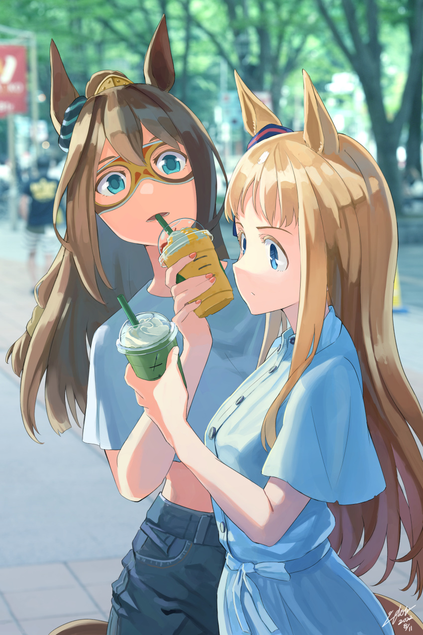 2girls absurdres animal_ears blue_dress blue_eyes brown_hair buttons closed_mouth domino_mask dress drink drinking_straw drinking_straw_in_mouth el_condor_pasa_(umamusume) grass_wonder_(umamusume) hair_between_eyes highres holding holding_drink horse_ears horse_girl horse_tail long_hair mask multiple_girls open_mouth ponytail shirt short_sleeves signature tail umamusume utachy white_shirt