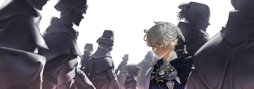 3boys 6+others absurdres alphinaud_leveilleur bangs blue_eyes blue_jacket braid commentary earclip elezen elf english_commentary final_fantasy final_fantasy_xiv from_side frown furrowed_brow grey_hair hair_bun hair_ribbon half-closed_eyes hat highres hyur ilberd_feare jacket lalafell long_hair looking_ahead looking_back male_focus multiple_boys multiple_others people pointy_ears ponytail red_eyes ribbon simple_background single_braid single_hair_bun smirk solo_focus sona_(mmediocreman) turban turtleneck upper_body walking white_background yuyuhase_luluhase