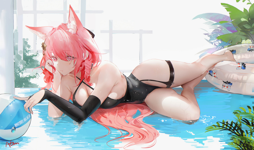 1girl animal_ear_fluff animal_ears arknights ass ball bangs beachball black_swimsuit braid breasts cleavage closed_mouth day detached_sleeves fox_ears full_body hair_between_eyes hair_ornament hand_on_own_cheek hand_on_own_face highres indoors innertube large_breasts long_hair looking_at_viewer lying nail_polish navel omone_hokoma_agm on_side one-piece_swimsuit partially_submerged pink_nails plant pozyomka_(arknights) red_eyes red_hair signature single_sleeve swimsuit thighs water window