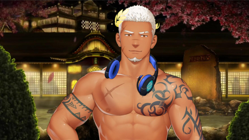 1boy abs arm_tattoo bara chest_tattoo dark-skinned_male dark_skin eyebrow_cut highres indie_virtual_youtuber itto_(mentaiko) large_pectorals laurel_crown lei_bailin male_focus mature_male muscular muscular_male nipples nude official_art pectorals scar scar_on_face scar_on_forehead scar_on_nose second-party_source short_hair sideburns solo stomach tattoo thick_eyebrows upper_body virtual_youtuber white_hair